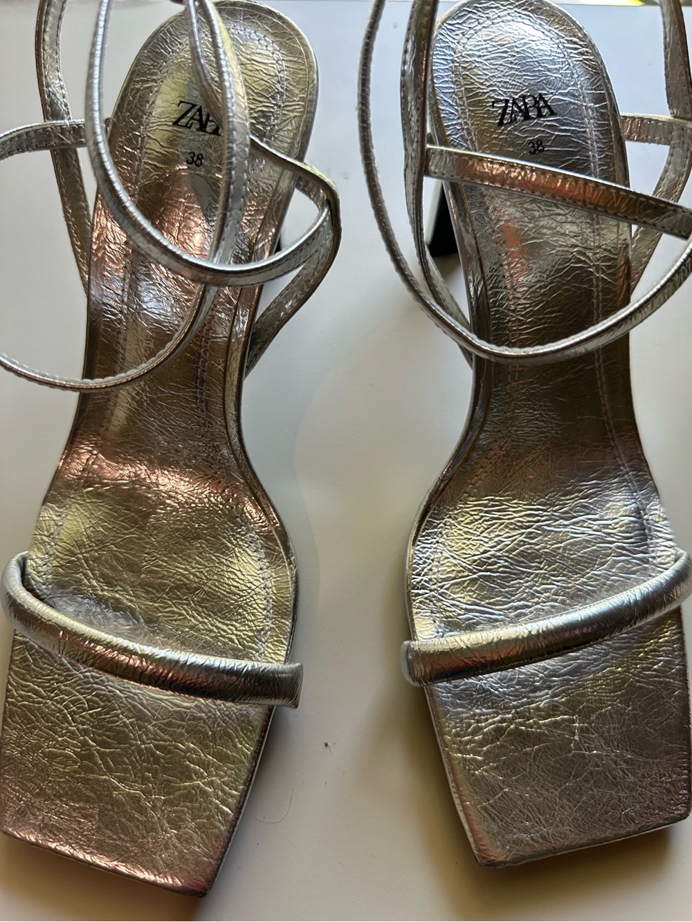 ZARA Silver Metallic Strappy Square Toe Heeled Sandals Size 38 US 7.5